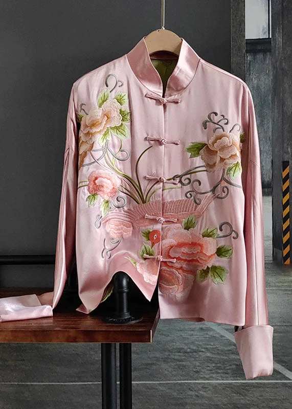 Oversized women's wool coats in a monochromatic look for a trendy outfitChic Pink Embroidered Chinese Button Patchwork Silk Coat Spring Oversized women's wool coats in a monochromatic look for a trendy outfitChic Pink Embroidered Chinese Button Patchwork Silk Coat Spring