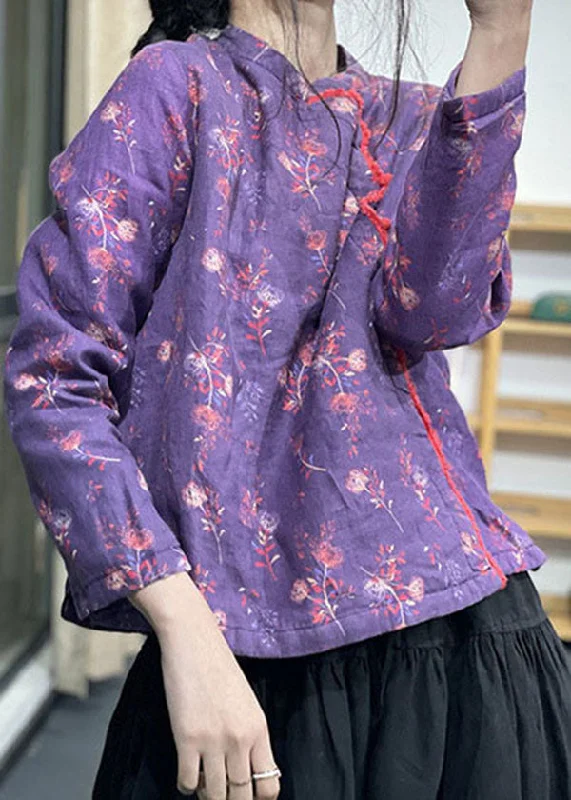 Hooded women's puffer coats in neon colors for high - visibility sportsChic Purple Stand Collar Print Fine Cotton Filled Coats Winter Hooded women's puffer coats in neon colors for high - visibility sportsChic Purple Stand Collar Print Fine Cotton Filled Coats Winter