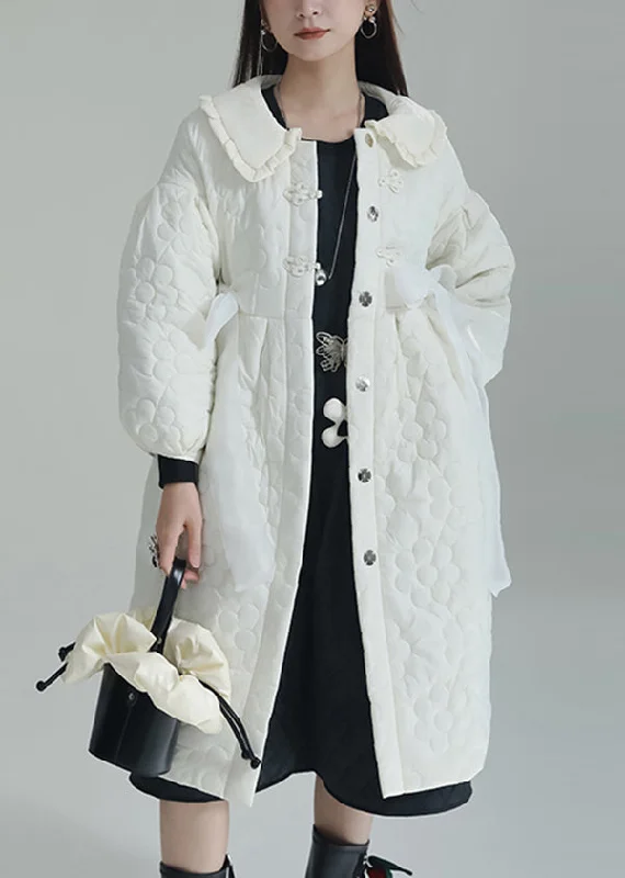 Women's knee - length wool blend coats with a fur collar for added warmthChic White Peter Pan Collar Pockets Fine Cotton Filled Witner Coat Women's knee - length wool blend coats with a fur collar for added warmthChic White Peter Pan Collar Pockets Fine Cotton Filled Witner Coat