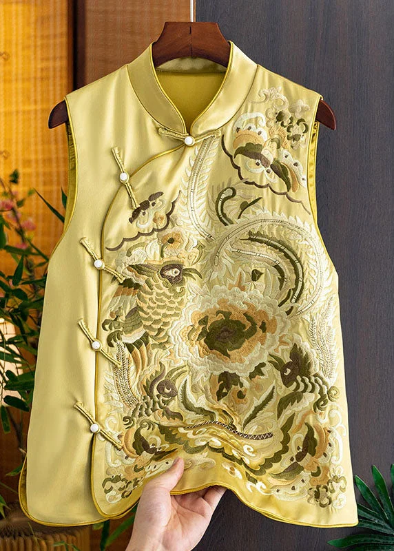 Mid - length women's down coats in a slim fit for a modern and sleek appearanceChic Yellow Stand Collar Embroideried Side Open Silk Waistcoat Fall Mid - length women's down coats in a slim fit for a modern and sleek appearanceChic Yellow Stand Collar Embroideried Side Open Silk Waistcoat Fall