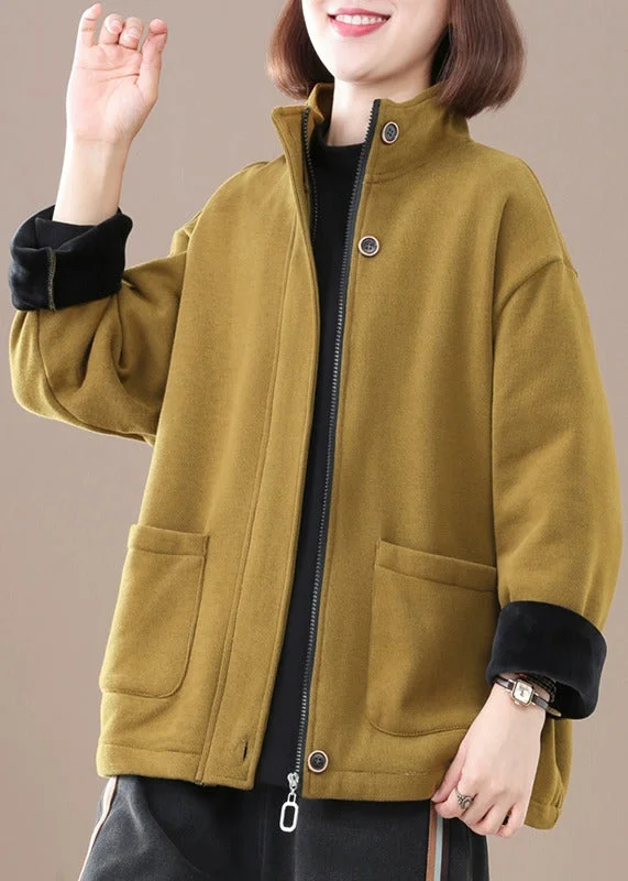 Women's knee - length wool blend coats with a fur collar for added warmthChic Yellow Zip Up Pockets Warm Fleece Coat Winter Women's knee - length wool blend coats with a fur collar for added warmthChic Yellow Zip Up Pockets Warm Fleece Coat Winter