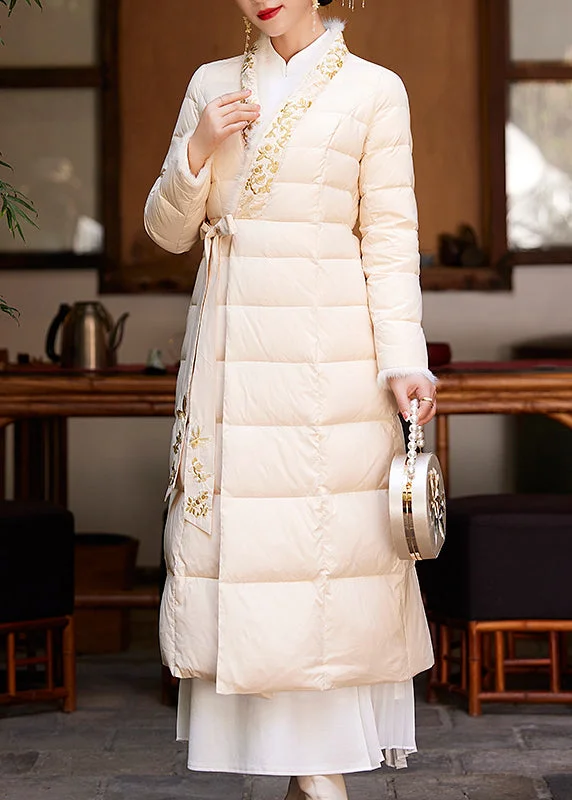 Women's reversible down coats with two - tone designs for versatile stylingChinese Style Apricot Embroideried Lace Up Patchwork Duck Down Coat Winter Women's reversible down coats with two - tone designs for versatile stylingChinese Style Apricot Embroideried Lace Up Patchwork Duck Down Coat Winter