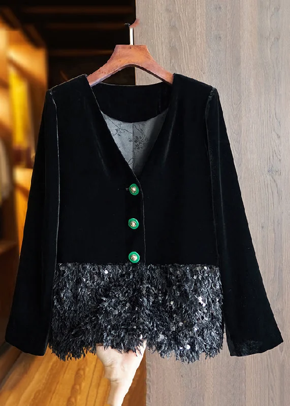 Shearling - lined women's leather coats for ultimate warmth and luxuryChinese Style Black Button Sequins Patchwork Silk Velour Coats Fall Shearling - lined women's leather coats for ultimate warmth and luxuryChinese Style Black Button Sequins Patchwork Silk Velour Coats Fall