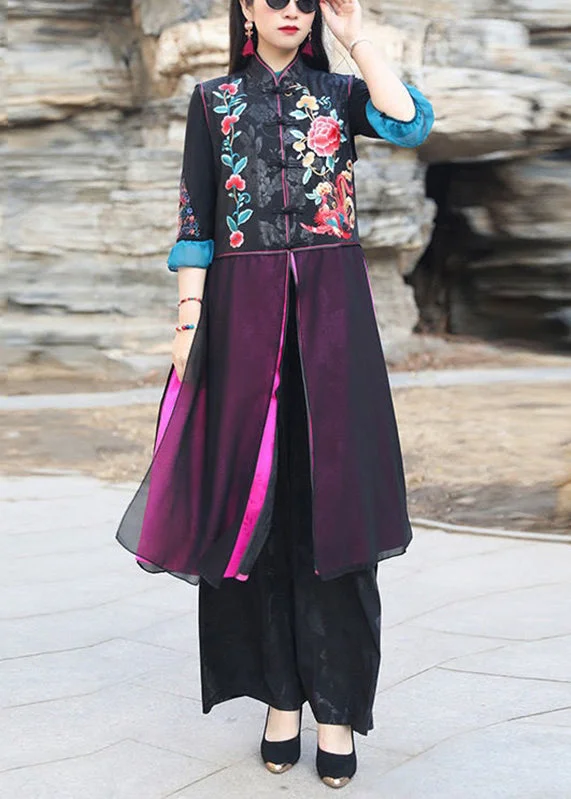 Belted women's cashmere coats in soft pastels for a luxurious feelChinese Style Black Embroideried Side Open Patchwork Silk Long Waistcoat Sleeveless Belted women's cashmere coats in soft pastels for a luxurious feelChinese Style Black Embroideried Side Open Patchwork Silk Long Waistcoat Sleeveless