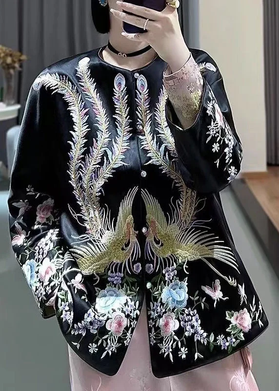 Water - resistant women's trench coats with adjustable cuffs for rainy daysChinese Style Black O Neck Embroideried Button Silk Coat Spring Water - resistant women's trench coats with adjustable cuffs for rainy daysChinese Style Black O Neck Embroideried Button Silk Coat Spring