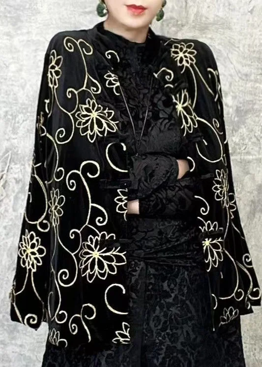 Water - resistant women's trench coats with adjustable cuffs for rainy daysChinese Style Black O Neck Floral Velour Short Coat Spring Water - resistant women's trench coats with adjustable cuffs for rainy daysChinese Style Black O Neck Floral Velour Short Coat Spring