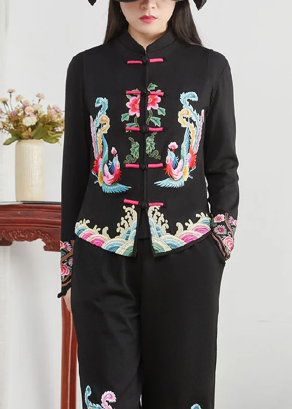Embroidered women's cotton coats in a bohemian pattern for a unique designChinese Style Black Stand Collar Embroideried Patchwork Cotton Waistcoat Sleeveless