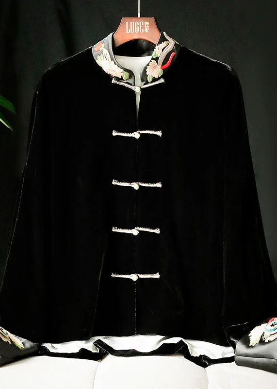 Embroidered women's cotton coats in a bohemian pattern for a unique designChinese Style Black Stand Collar Embroideried Patchwork Velour Coats Long Sleeve Embroidered women's cotton coats in a bohemian pattern for a unique designChinese Style Black Stand Collar Embroideried Patchwork Velour Coats Long Sleeve