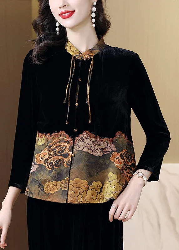 Belted women's cashmere coats in soft pastels for a luxurious feelChinese Style Black Stand Collar Print Patchwork Silk Velour Jackets Spring Belted women's cashmere coats in soft pastels for a luxurious feelChinese Style Black Stand Collar Print Patchwork Silk Velour Jackets Spring