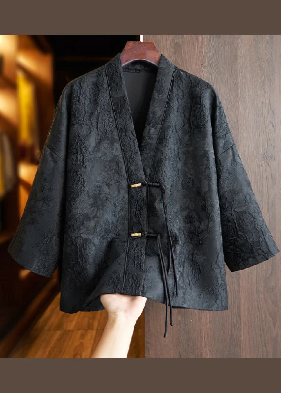 Water - resistant women's trench coats with adjustable cuffs for rainy daysChinese Style Black Tasseled Jacquard Patchwork Cotton Coats Fall Water - resistant women's trench coats with adjustable cuffs for rainy daysChinese Style Black Tasseled Jacquard Patchwork Cotton Coats Fall