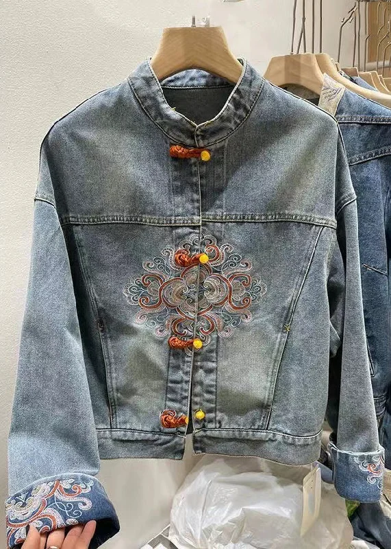 Mid - length women's down coats in a slim fit for a modern and sleek appearanceChinese Style Blue Embroidered Button Denim Coat Spring Mid - length women's down coats in a slim fit for a modern and sleek appearanceChinese Style Blue Embroidered Button Denim Coat Spring