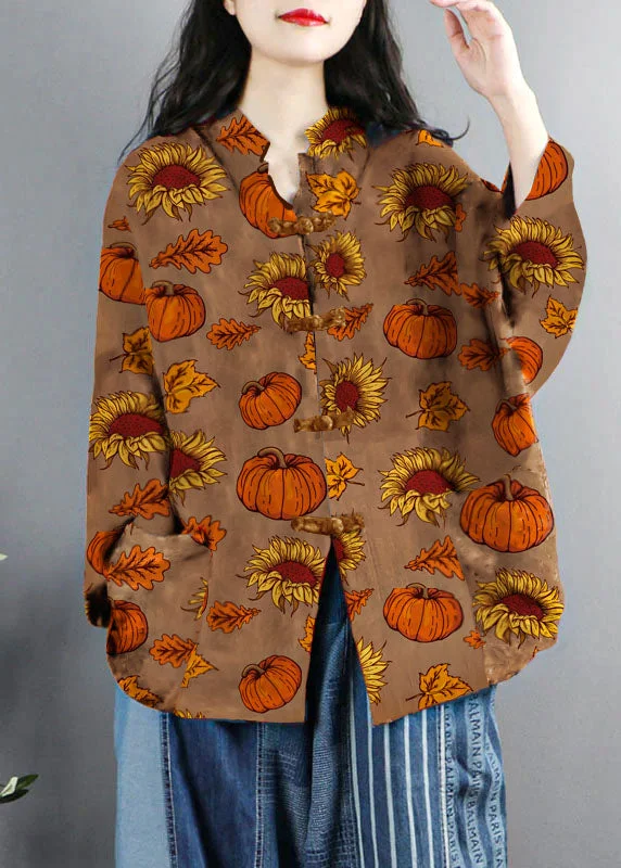 Women's pea coats with brass buttons for a nautical - inspired styleChinese Style Brown-pumpkin Print Pockets Button Patchwork Cotton Coats Long Sleeve Women's pea coats with brass buttons for a nautical - inspired styleChinese Style Brown-pumpkin Print Pockets Button Patchwork Cotton Coats Long Sleeve