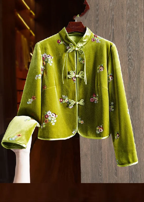 Hooded women's puffer coats in neon colors for high - visibility sportsChinese Style Green Embroideried Button Silk Velour Coats Long Sleeve Hooded women's puffer coats in neon colors for high - visibility sportsChinese Style Green Embroideried Button Silk Velour Coats Long Sleeve