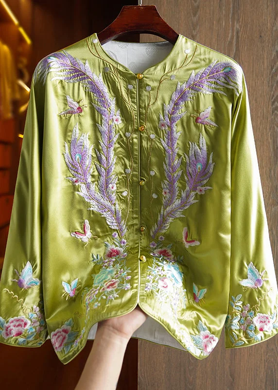 Women's faux fur coats in bright colors for a bold fashion statementChinese Style Green Embroideried Patchwork Silk Coat Fall Women's faux fur coats in bright colors for a bold fashion statementChinese Style Green Embroideried Patchwork Silk Coat Fall