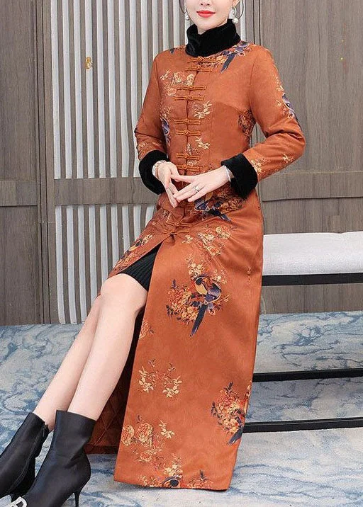 Women's pea coats with brass buttons for a nautical - inspired styleChinese Style Orange Stand Collar Print Fine Cotton Filled Coats Winter Women's pea coats with brass buttons for a nautical - inspired styleChinese Style Orange Stand Collar Print Fine Cotton Filled Coats Winter