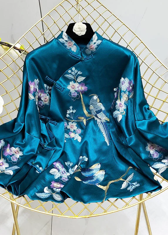 Women's reversible down coats with two - tone designs for versatile stylingChinese Style Peacock Blue Stand Collar Embroidery Silk Coats Spring Women's reversible down coats with two - tone designs for versatile stylingChinese Style Peacock Blue Stand Collar Embroidery Silk Coats Spring