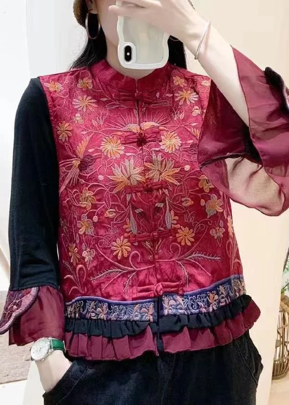 Women's long - sleeve wool coats in a houndstooth pattern for a classic charmChinese Style Red Ruffled Embroideried Button Silk Waistcoat Sleeveless Women's long - sleeve wool coats in a houndstooth pattern for a classic charmChinese Style Red Ruffled Embroideried Button Silk Waistcoat Sleeveless
