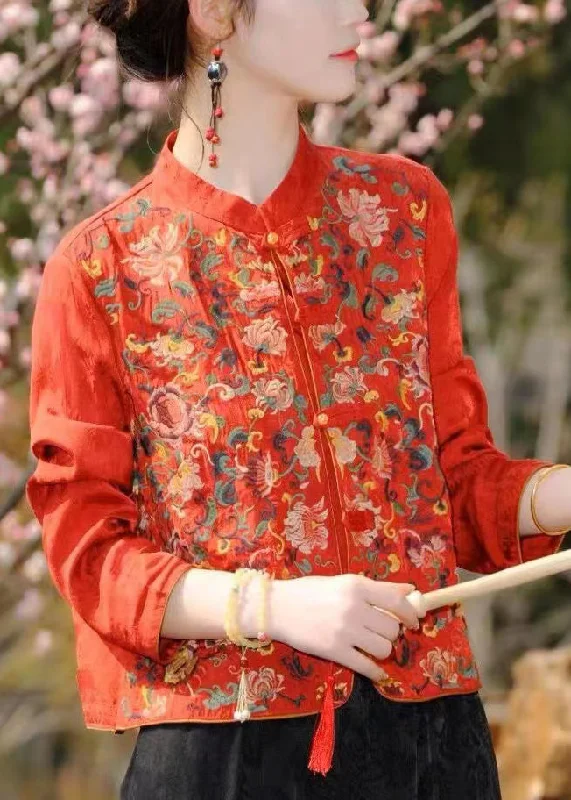 Shearling - lined women's leather coats for ultimate warmth and luxuryChinese Style Red Stand Collar Embroideried Patchwork Silk Coat Fall Shearling - lined women's leather coats for ultimate warmth and luxuryChinese Style Red Stand Collar Embroideried Patchwork Silk Coat Fall