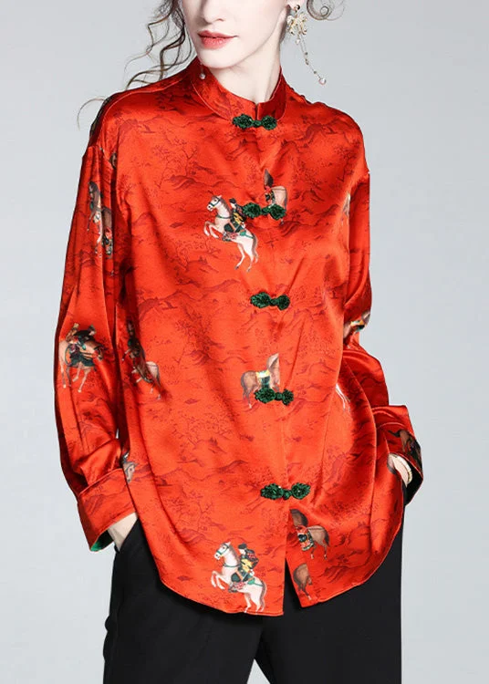 Women's pea coats with brass buttons for a nautical - inspired styleChinese Style Red Stand Collar Print Button Silk Coats Spring Women's pea coats with brass buttons for a nautical - inspired styleChinese Style Red Stand Collar Print Button Silk Coats Spring