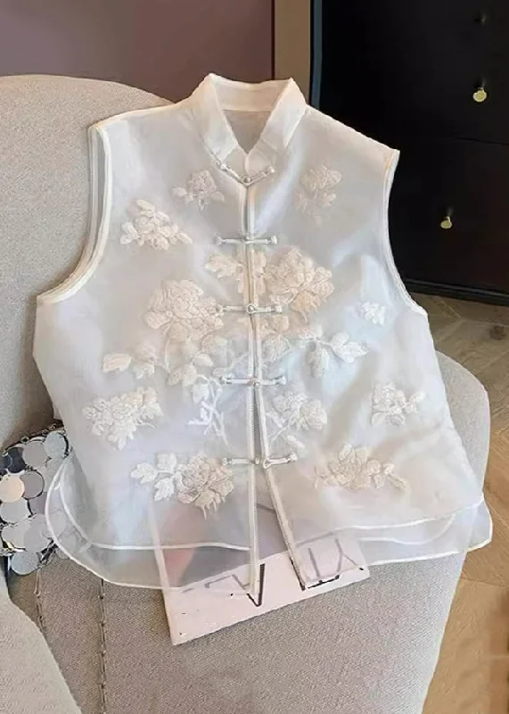 Embroidered women's cotton coats in a bohemian pattern for a unique designChinese Style White Embroidered Button Tulle Waistcoat Sleeveless