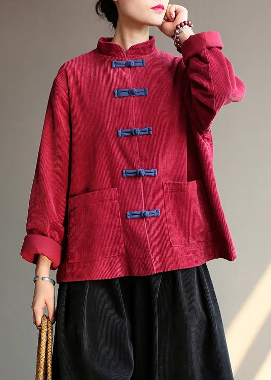 Women's reversible down coats with two - tone designs for versatile stylingChinese Style Wine Red Pockets Button Corduroy Coats Long Sleeve Women's reversible down coats with two - tone designs for versatile stylingChinese Style Wine Red Pockets Button Corduroy Coats Long Sleeve