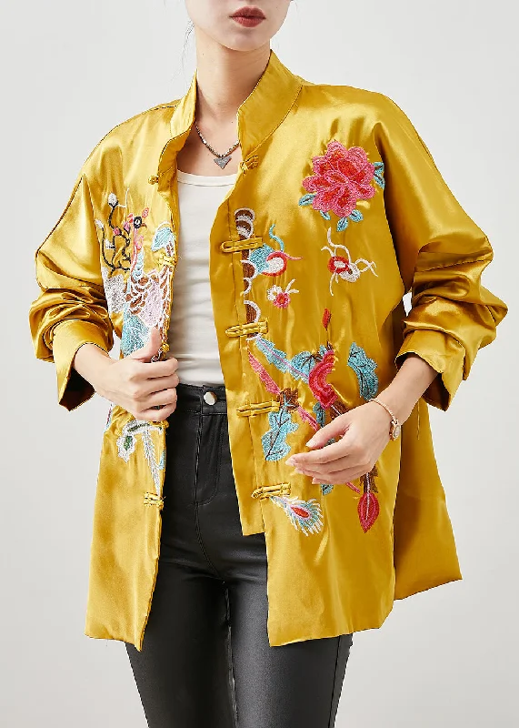 Long women's mac coats in a lightweight fabric for spring showersChinese Style Yellow Embroideried Silk Jackets Spring Long women's mac coats in a lightweight fabric for spring showersChinese Style Yellow Embroideried Silk Jackets Spring