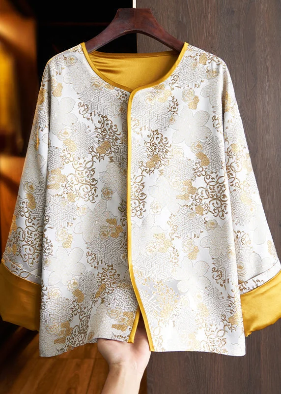 Checkered women's wool coats in a classic pattern for a timeless styleChinese Style Yellow Jacquard Patchwork Loose Silk Coats Fall Checkered women's wool coats in a classic pattern for a timeless styleChinese Style Yellow Jacquard Patchwork Loose Silk Coats Fall