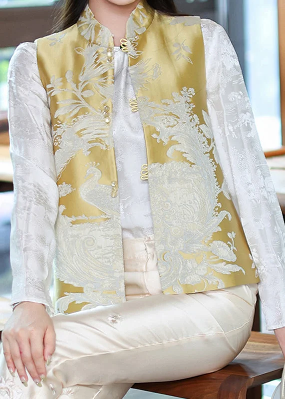 Women's knee - length wool blend coats with a fur collar for added warmthChinese Style Yellow Stand Collar Print Side Open Waistcoat Spring Women's knee - length wool blend coats with a fur collar for added warmthChinese Style Yellow Stand Collar Print Side Open Waistcoat Spring