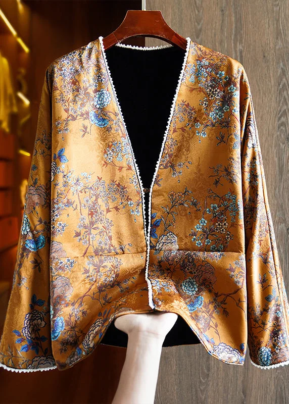 Women's cropped leather coats with silver studs for an edgy lookChinese Style Yellow V Neck Print Nail Bead Wear On Both Sides Silk Coat Fall Women's cropped leather coats with silver studs for an edgy lookChinese Style Yellow V Neck Print Nail Bead Wear On Both Sides Silk Coat Fall