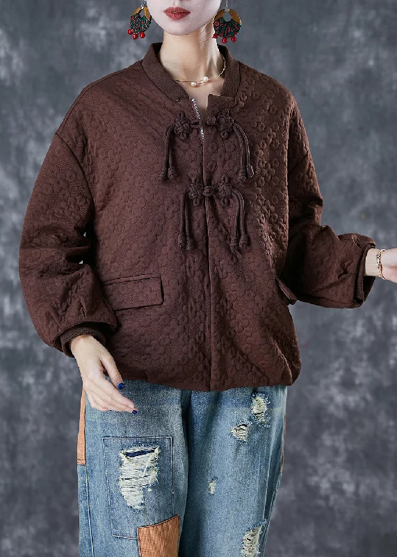 Quilted down women's coats with removable hoods for outdoor activitiesChocolate Jacquard Cotton Jacket Tasseled Oversized Fall Quilted down women's coats with removable hoods for outdoor activitiesChocolate Jacquard Cotton Jacket Tasseled Oversized Fall