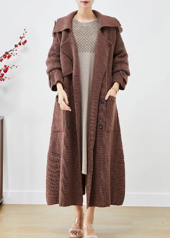 Plus size women's wool blend coats for a warm and stylish winterChocolate Loose Knit Coat Outwear Double Breast Pockets Fall Plus size women's wool blend coats for a warm and stylish winterChocolate Loose Knit Coat Outwear Double Breast Pockets Fall