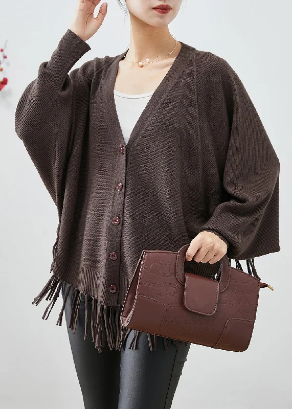 Plus size women's wool blend coats for a warm and stylish winterChocolate Loose Knit Coats V Neck Tasseled Fall Plus size women's wool blend coats for a warm and stylish winterChocolate Loose Knit Coats V Neck Tasseled Fall