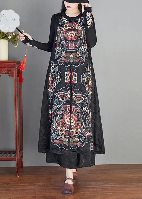 Petite women's wool blend coats with a tailored fit for a flattering silhouetteClassy Black Embroideried Chinese Button Patchwork Silk Long Waistcoat Sleeveless