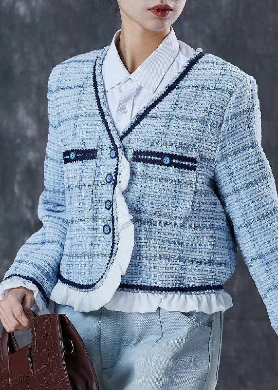 Women's longline double - breasted camel coats for a sophisticated lookClassy Blue Ruffled Patchwork Cotton Coats Spring Women's longline double - breasted camel coats for a sophisticated lookClassy Blue Ruffled Patchwork Cotton Coats Spring