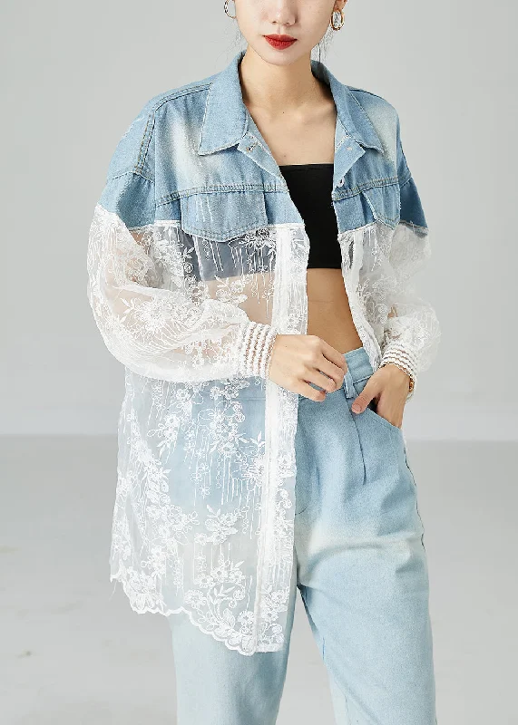 Women's cropped leather coats with silver studs for an edgy lookClassy Colorblock Embroideried Patchwork Hollow Out Denim Coat Outwear Summer Women's cropped leather coats with silver studs for an edgy lookClassy Colorblock Embroideried Patchwork Hollow Out Denim Coat Outwear Summer