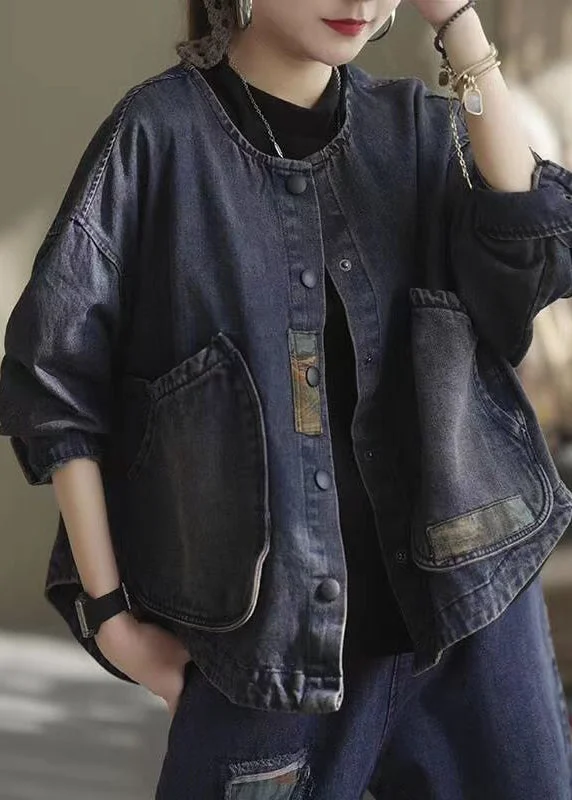 Shearling - lined women's leather coats for ultimate warmth and luxuryClassy Dark Blue O-Neck Pockets Patchwork Denim Coats Long Sleeve Shearling - lined women's leather coats for ultimate warmth and luxuryClassy Dark Blue O-Neck Pockets Patchwork Denim Coats Long Sleeve