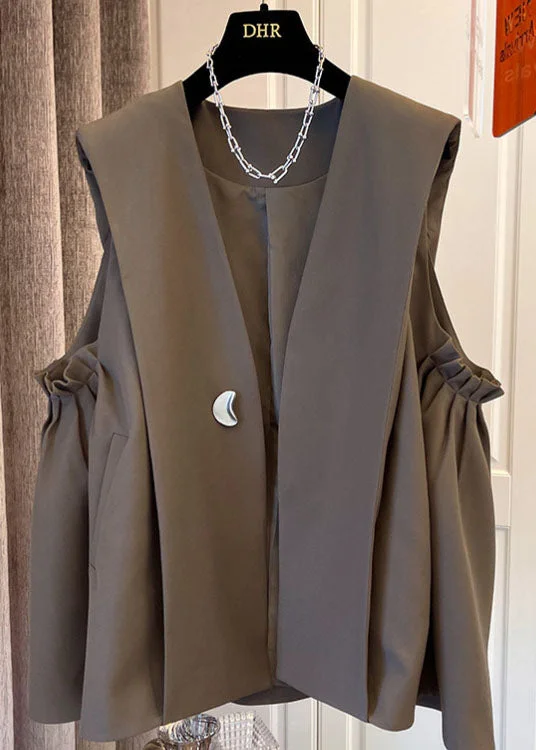 Women's reversible down coats with two - tone designs for versatile stylingClassy Khaki fashion pleated Pockets Fall Sleeveless Waistcoat Women's reversible down coats with two - tone designs for versatile stylingClassy Khaki fashion pleated Pockets Fall Sleeveless Waistcoat