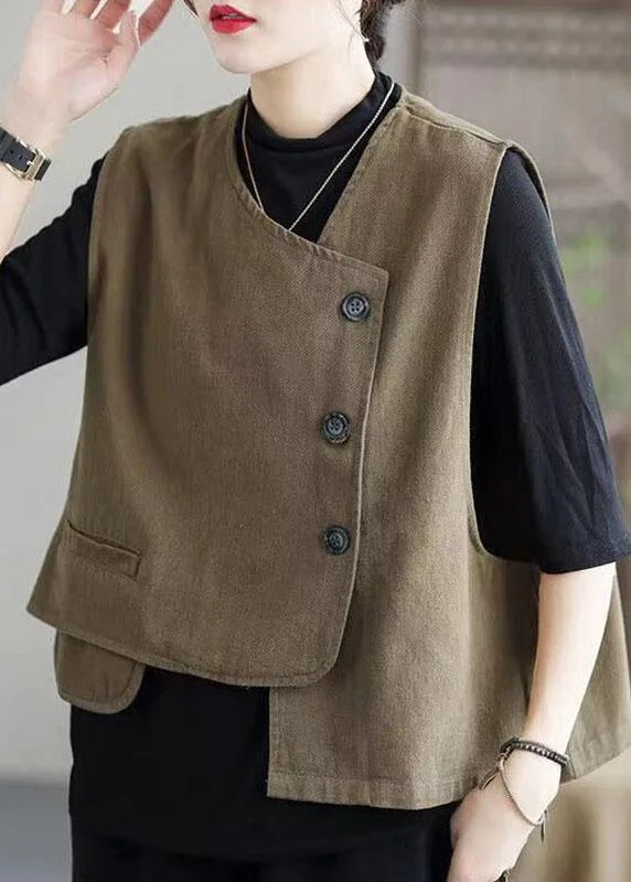 Women's cropped leather coats with silver studs for an edgy lookClassy Khaki retro Button asymmetrical design Fall Sleeveless waistcoat Women's cropped leather coats with silver studs for an edgy lookClassy Khaki retro Button asymmetrical design Fall Sleeveless waistcoat