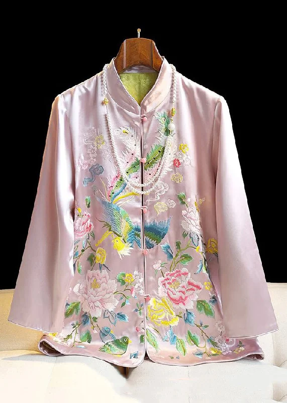 Embroidered women's cotton coats in a bohemian pattern for a unique designClassy Pink Stand Collar Embroidered Button Silk Coat Spring Embroidered women's cotton coats in a bohemian pattern for a unique designClassy Pink Stand Collar Embroidered Button Silk Coat Spring