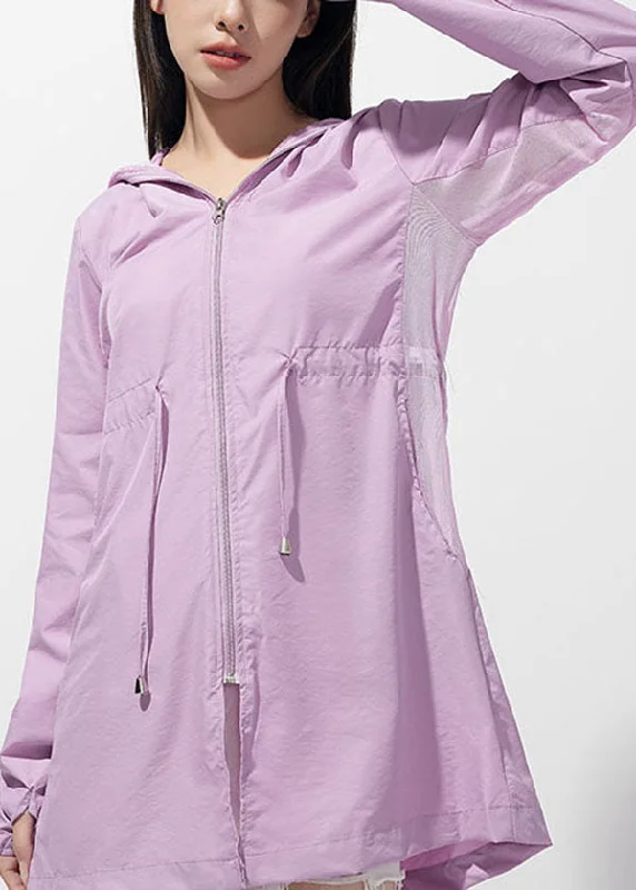 Hooded women's puffer coats in neon colors for high - visibility sportsClassy Purple Hooded Pockets Drawstring Patchwork Ice Silk UPF 50+ Coat Summer Hooded women's puffer coats in neon colors for high - visibility sportsClassy Purple Hooded Pockets Drawstring Patchwork Ice Silk UPF 50+ Coat Summer