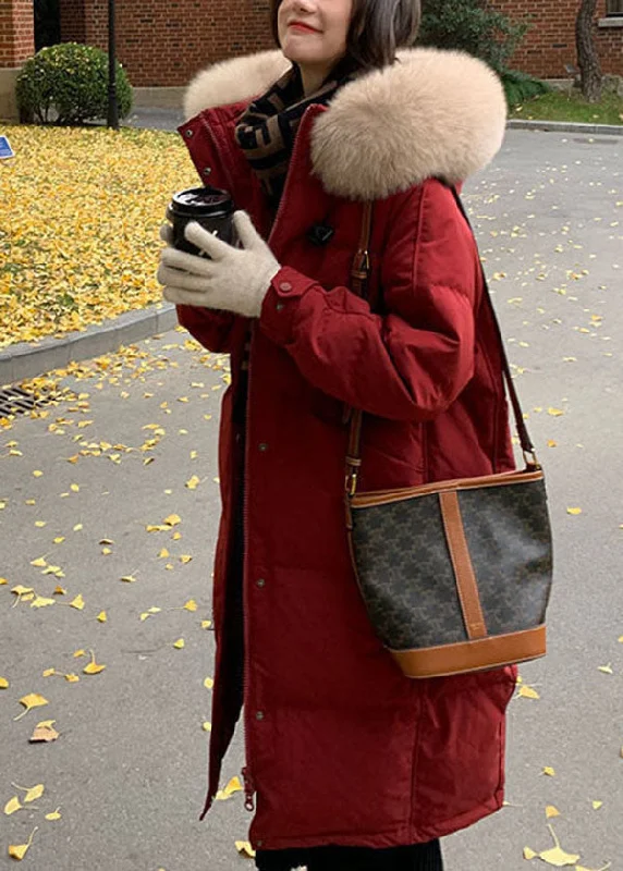 Long women's mac coats in a lightweight fabric for spring showersClassy Red Hooded Fur Collar Thick Duck Down Jacket In Winter Long women's mac coats in a lightweight fabric for spring showersClassy Red Hooded Fur Collar Thick Duck Down Jacket In Winter