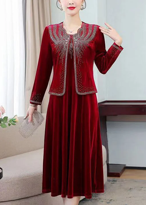Women's longline double - breasted camel coats for a sophisticated lookClassy Wine Red Zircon Coat And Waistcoat Dress Silk Velour Two Pieces Set Fall Women's longline double - breasted camel coats for a sophisticated lookClassy Wine Red Zircon Coat And Waistcoat Dress Silk Velour Two Pieces Set Fall