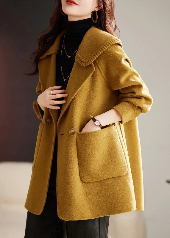 Belted women's cashmere coats in soft pastels for a luxurious feelClassy Yellow Button Pockets Patchwork Wool Coat Long Sleeve Belted women's cashmere coats in soft pastels for a luxurious feelClassy Yellow Button Pockets Patchwork Wool Coat Long Sleeve