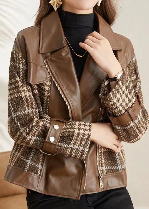 Water - resistant women's trench coats with adjustable cuffs for rainy daysCoffee Patchwork Faux Leather Jackets Peter Pan Collar Zippered Fall Water - resistant women's trench coats with adjustable cuffs for rainy daysCoffee Patchwork Faux Leather Jackets Peter Pan Collar Zippered Fall