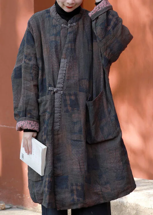 Women's knee - length wool blend coats with a fur collar for added warmthCoffee Patchwork Fine Cotton Filled Coat Pockets Print Winter Women's knee - length wool blend coats with a fur collar for added warmthCoffee Patchwork Fine Cotton Filled Coat Pockets Print Winter