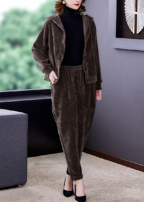 Women's pea coats with brass buttons for a nautical - inspired styleCoffee Patchwork Hooded Corduroy Coats And Harem Pants Two Pieces Set Fall Women's pea coats with brass buttons for a nautical - inspired styleCoffee Patchwork Hooded Corduroy Coats And Harem Pants Two Pieces Set Fall