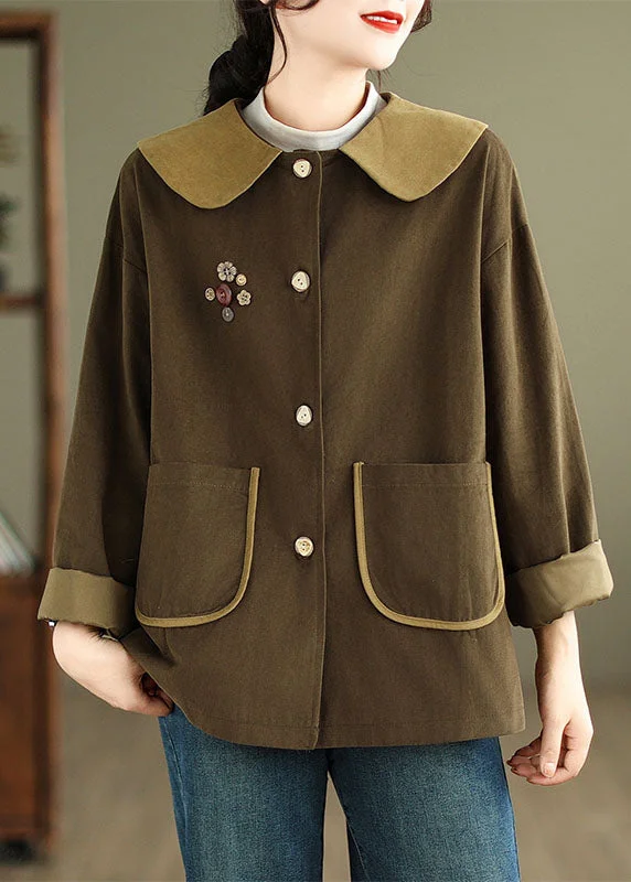 Quilted down women's coats with removable hoods for outdoor activitiesCoffee Peter Pan Collar Button Coats Long Sleeve Quilted down women's coats with removable hoods for outdoor activitiesCoffee Peter Pan Collar Button Coats Long Sleeve