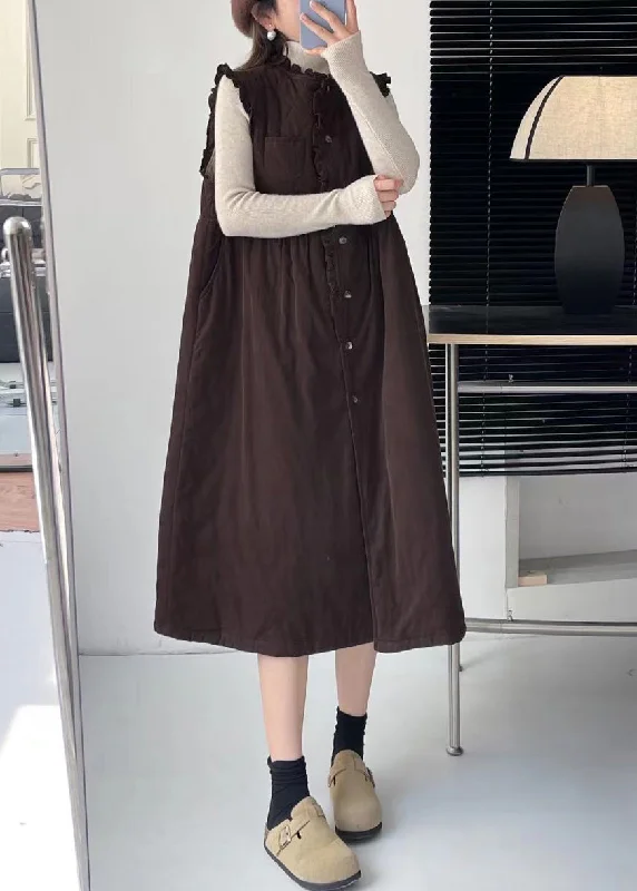 Women's long - sleeve wool coats in a houndstooth pattern for a classic charmCoffee Pockets Cotton Filled Waistcoat Long Dress Stand Collar Winter Women's long - sleeve wool coats in a houndstooth pattern for a classic charmCoffee Pockets Cotton Filled Waistcoat Long Dress Stand Collar Winter
