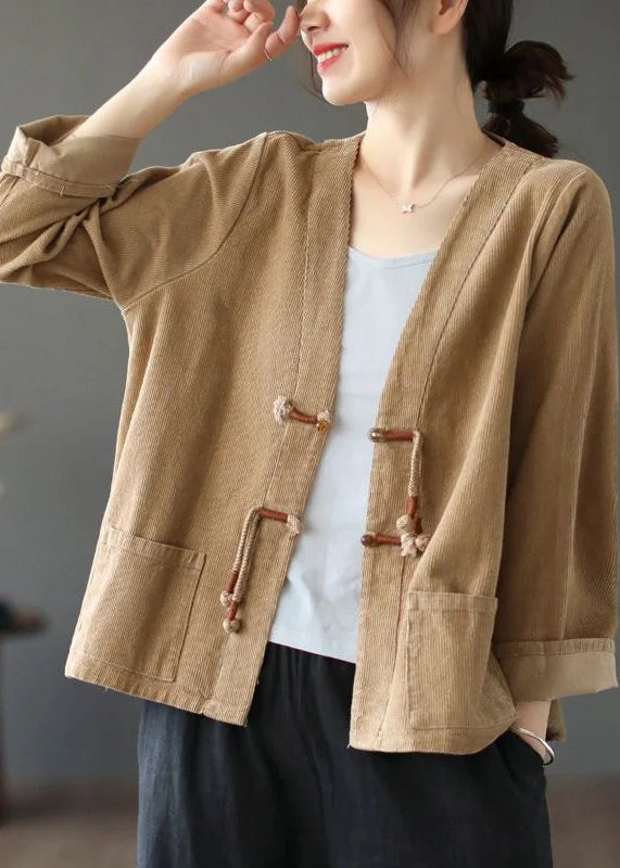 Mid - length women's down coats in a slim fit for a modern and sleek appearanceCoffee Pockets Patchwork Corduroy Coat V Neck Tasseled Fall Mid - length women's down coats in a slim fit for a modern and sleek appearanceCoffee Pockets Patchwork Corduroy Coat V Neck Tasseled Fall
