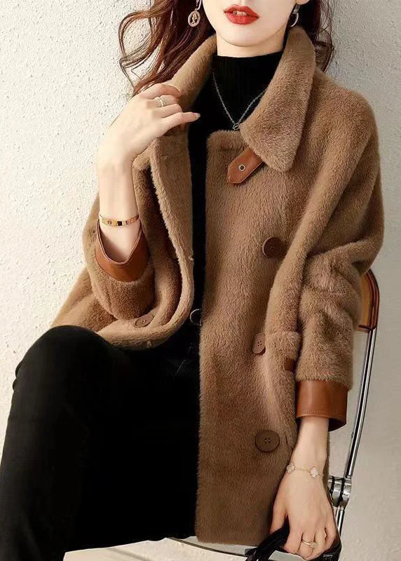 Checkered women's wool coats in a classic pattern for a timeless styleCoffee Pockets Patchwork Faux Fur Coat Peter Pan Collar Button Fall Checkered women's wool coats in a classic pattern for a timeless styleCoffee Pockets Patchwork Faux Fur Coat Peter Pan Collar Button Fall
